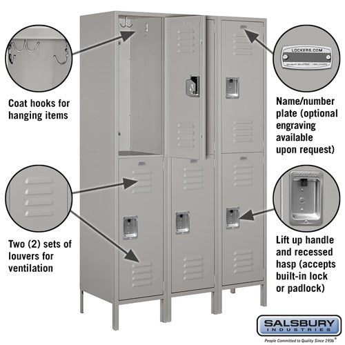 Salsbury 18" Wide Double Tier Standard 6 ft High x 18" Deep Metal Locker 18-52368 Salsbury   - USASafeAndVault