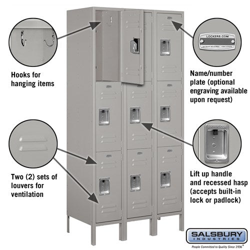 Salsbury 12" Wide Triple Tier Standard 6 ft High x 18" Deep Metal Locker 63368 Salsbury   - USASafeAndVault