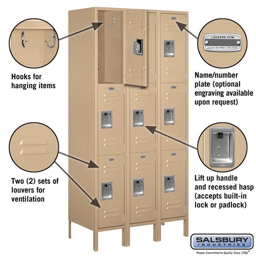 Salsbury 12" Wide Triple Tier Standard 6 ft High x 18" Deep Metal Locker 63368 Salsbury   - USASafeAndVault