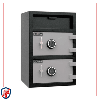 A drop safe with dual key locks and a deposit slot.
