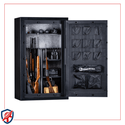 A gun safe with the door open, displaying rifles, ammunition, and various accessories.