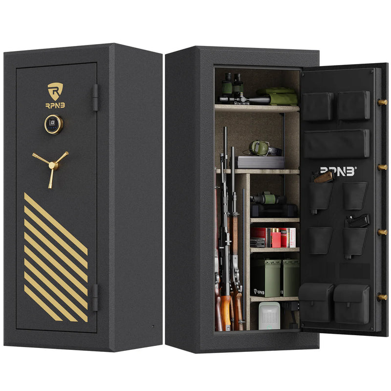 An **RPNB RPFS24 Gun Safe for Pistols and Rifles, 24-gun, Biometric** with an open door reveals organized storage for rifles, ammunition, and gear. The exterior boasts a keypad and gold accents, ensuring both style and security in one sophisticated package.