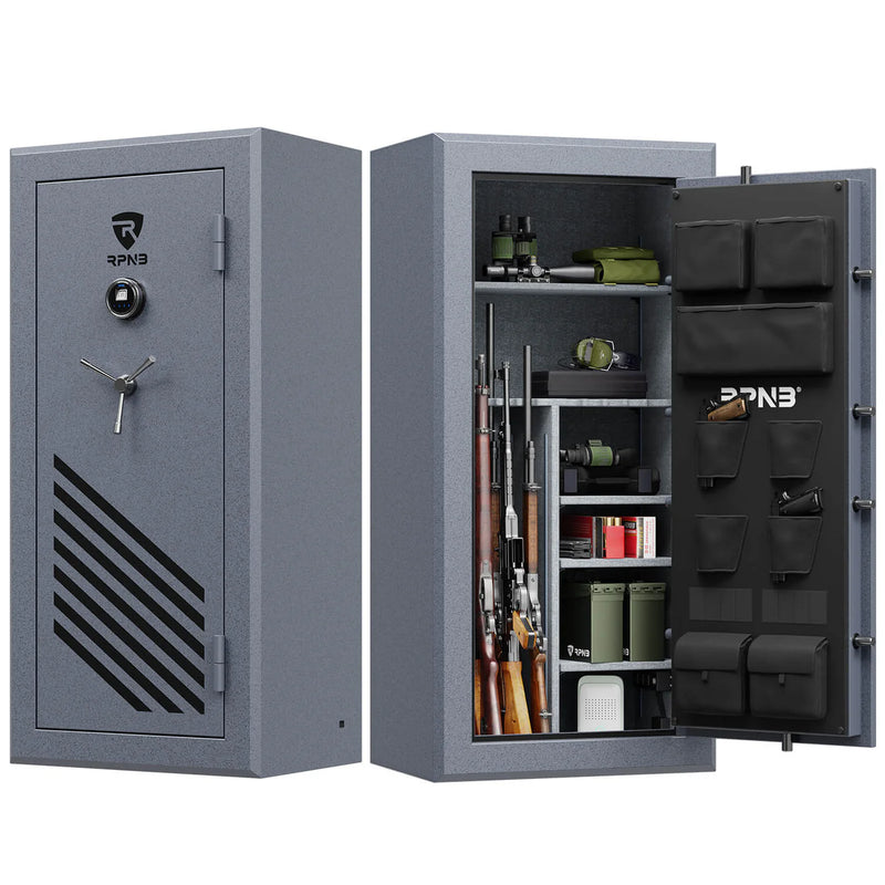 A RPNB RPFS30 Gun Safe for Pistols and Rifles with its door open, revealing multiple rifles, ammunition, and accessory pouches arranged on shelves and the door's interior. The gray safe can hold up to 30 guns and features a combination lock along with a digital fingerprint scanner for enhanced security.
