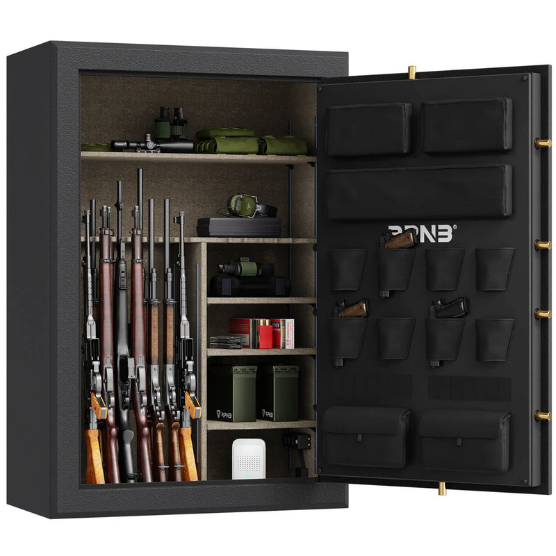 A black RPNB RPFS45 Gun Safe for Pistols and Rifles, 45 Guns, Biometric is open, displaying multiple rifles, handguns, ammunition, and various other shooting accessories neatly organized inside. The fireproof interior has shelves and pockets for storage.