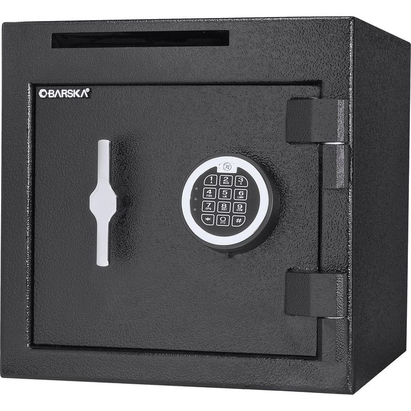 A black Barska BARSKA Digital Keypad Slot Depository Safe AX13314 with an anti-fishing drop slot and solid steel construction, featuring visible hinges and a closed door.