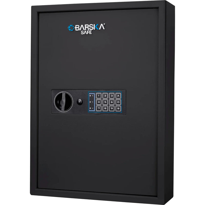 A black Barska Digital Keypad Wall Safe AX13370 with a manual turn dial on the front.