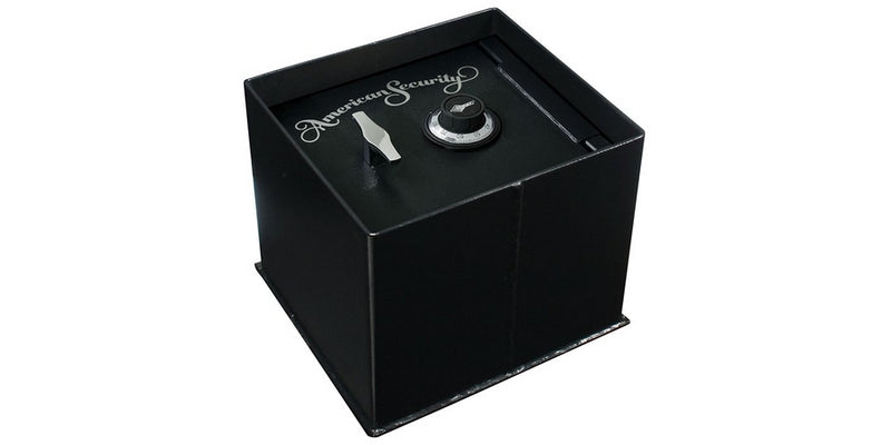 The AMSEC Square Door Floor Safe B1500 features a black finish, combination dial, top handle, and offers reliable burglary protection and secure storage.
