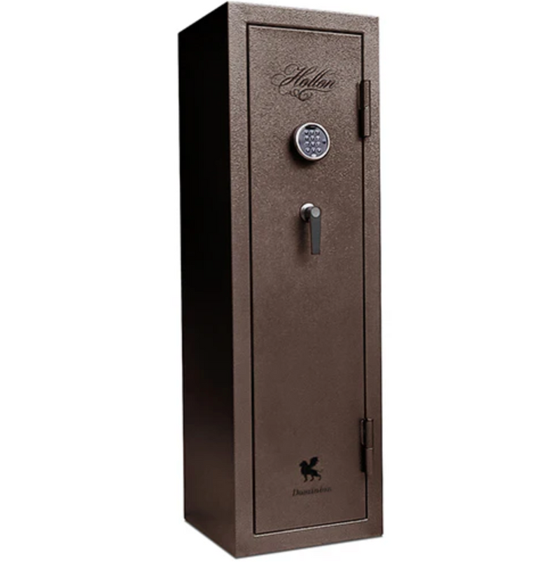 The Hollon Dominion Series Gun Safe DOM-11 is a tall, brown safe with an electronic keypad and handle, fire protection, and Hollon branding on the top and bottom of the door.
