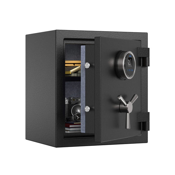 The RPNB Deluxe Fireproof Home and Office Safe RPFS40 by RPNB is open, showing shelves with documents, cash, a watch, and a camera inside. It features a black finish, digital keypad, and handle for secure storage at home or in the office.