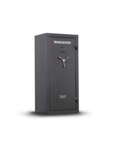 The Winchester Safe Bandit 19 Gun Safe in Slate, standing upright on a white background, provides excellent firearm storage with a secure combination lock and sturdy handle, ensuring top-tier security for valuable possessions.