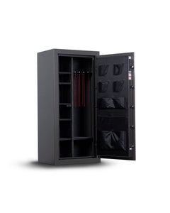 The Winchester Safe Bandit 19 Gun Safe in Slate provides secure firearm storage with interior shelves and door pouches, all in a sleek open black design.