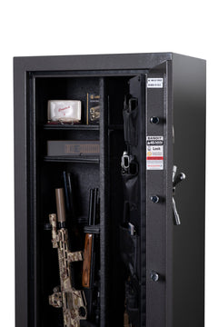 The Winchester Safe Bandit 19 Slate offers secure storage for firearms, ammunition, and accessories, providing ample space for a camouflaged rifle and other essential equipment.