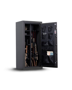 Open the Winchester Bandit 19 Gun Safe Slate to find rifles, ammunition, and accessories securely stored. Designed by Winchester Safe for optimal firearm storage, it ensures peace of mind with robust security features.