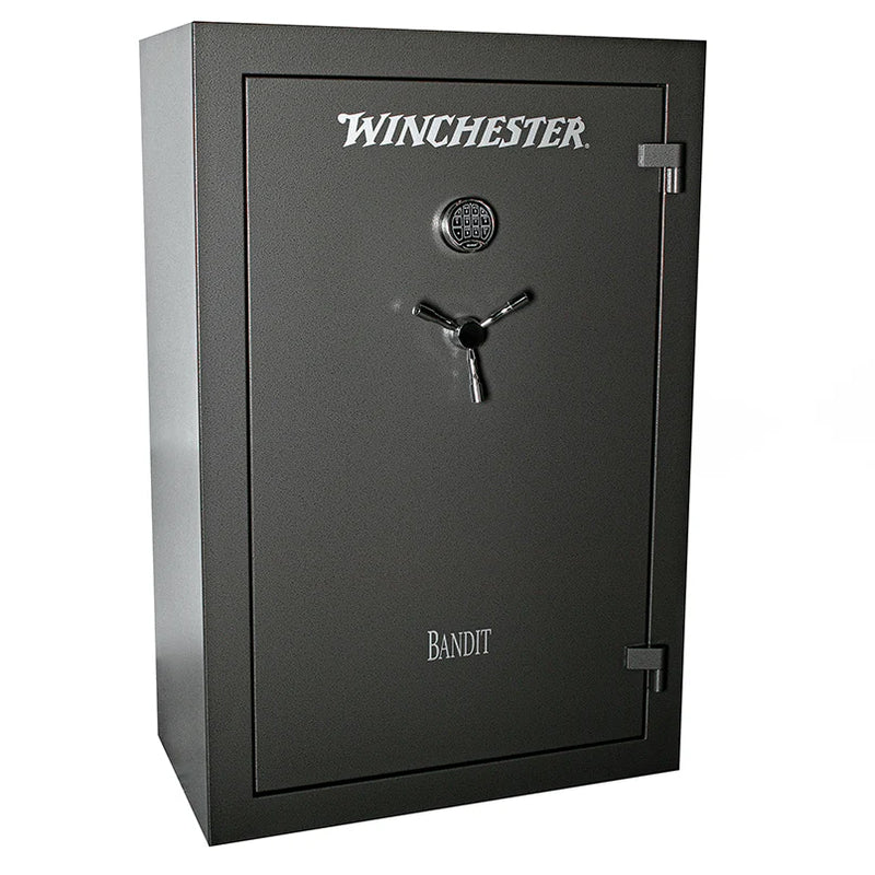 The Winchester Safe Bandit 31 Gun Safe, large and gray with a digital keypad and sturdy handle, offers excellent fire protection. 