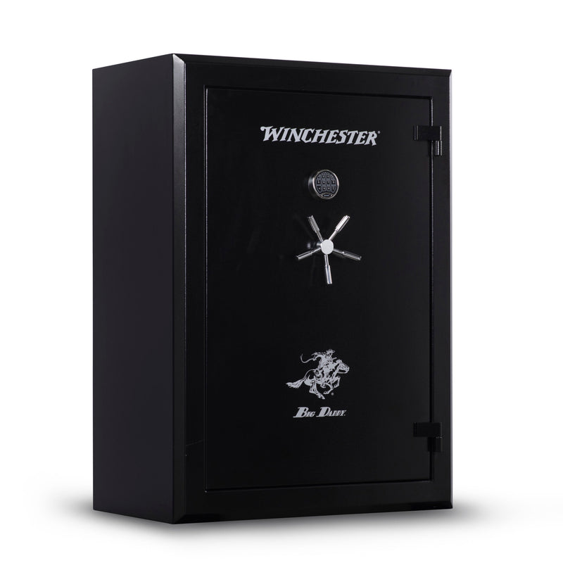 The Winchester Safe Big Daddy is a durable black safe with a combination dial and handle, providing fire and theft protection to keep your valuables secure.