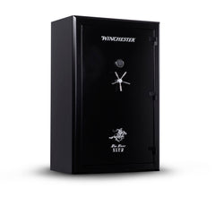 The Winchester Big Daddy XLT2 by Winchester Safe offers secure storage with a digital keypad and turn handle, adorned with logos at the top and bottom of its sleek door.