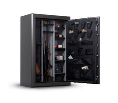 The open Winchester Big Daddy XLT2 gun safe from Winchester Safe displays rifles, ammunition, and storage pouches on the door. With its innovative GunStiXX storage system, it ensures your collection stays organized.