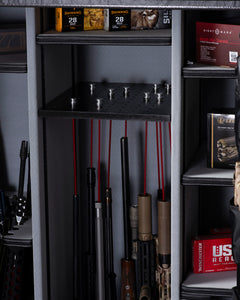 The Winchester Safe Big Daddy XLT2 interior allows vertical rifle storage with the GunStiXX system, while shelves neatly organize ammunition and accessories, all safeguarded by a high fire rating for optimal security.