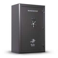 The Winchester Safe Big Daddy XLT2 is a large, dark gray gun safe with a digital keypad and star-shaped handle, featuring the GunStiXX Storage System for optimal organization and security inside.