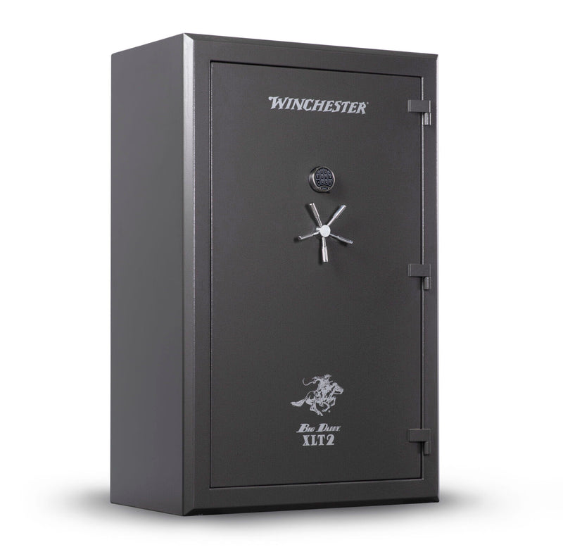 The Winchester Safe Big Daddy XLT2 is a large, dark gray gun safe with a digital keypad and star-shaped handle, featuring the GunStiXX Storage System for optimal organization and security inside.