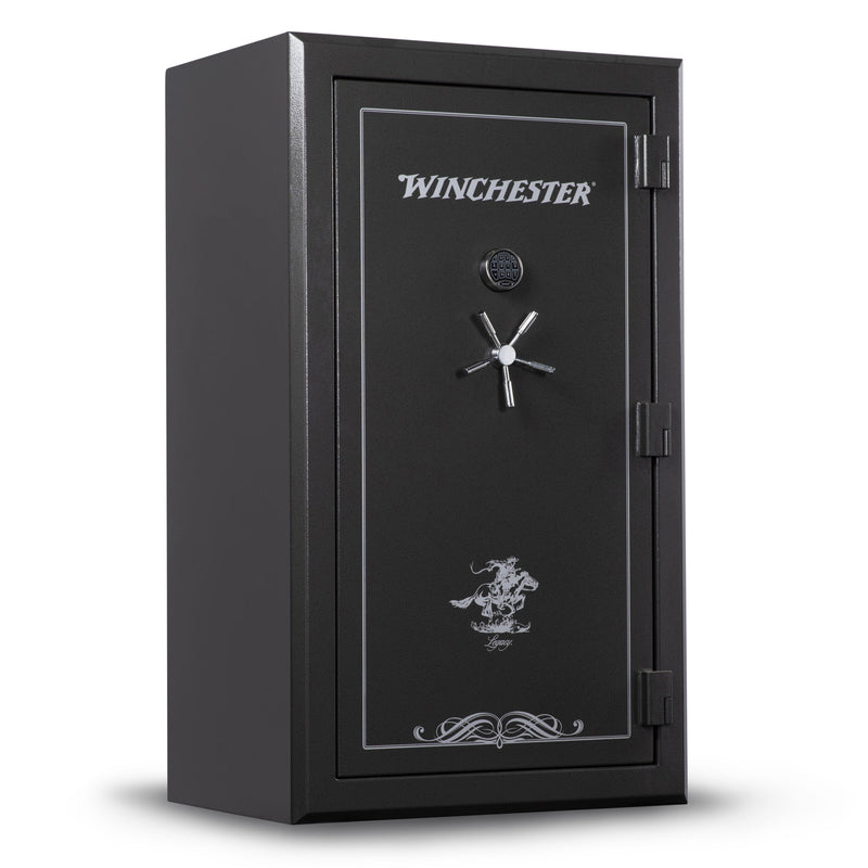 The Winchester Safe Legacy 53 Fireproof Gun Safe features a black exterior with decorative details, a digital lock and handle, and offers fire protection.