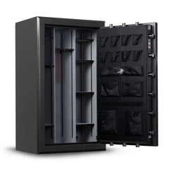 The open Winchester Legacy 53 Fireproof Gun Safe by Winchester Safe offers enhanced fire protection with multiple shelves and door pockets, showcasing an empty storage area.