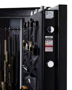 The Winchester Legacy 62 by Winchester Safe stands open, neatly storing rifles and handguns inside. It features holsters and compartments on the door, with labels and security stickers marking its edge. Integrated fire protection provides security and peace of mind for your firearms.