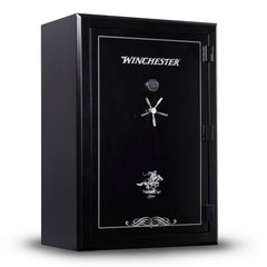 The Winchester Safe Legacy 62, a tall black gun safe with silver accents and a combination lock, stands upright against a white backdrop. This durable safe ensures your valuables are securely protected in style with its reliable fire protection.