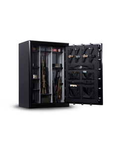 The open Winchester Legacy 62 Safe from Winchester Safe displays a well-organized array of firearms and accessories, providing sleek storage and enhanced fire protection for peace of mind.